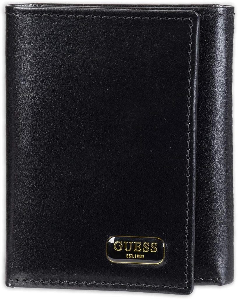 Guess Mens Leather Trifold Wallet With ID Window, Credit Card Slots, Bill Compartment, Extra Storage, and Gift Box Packaging