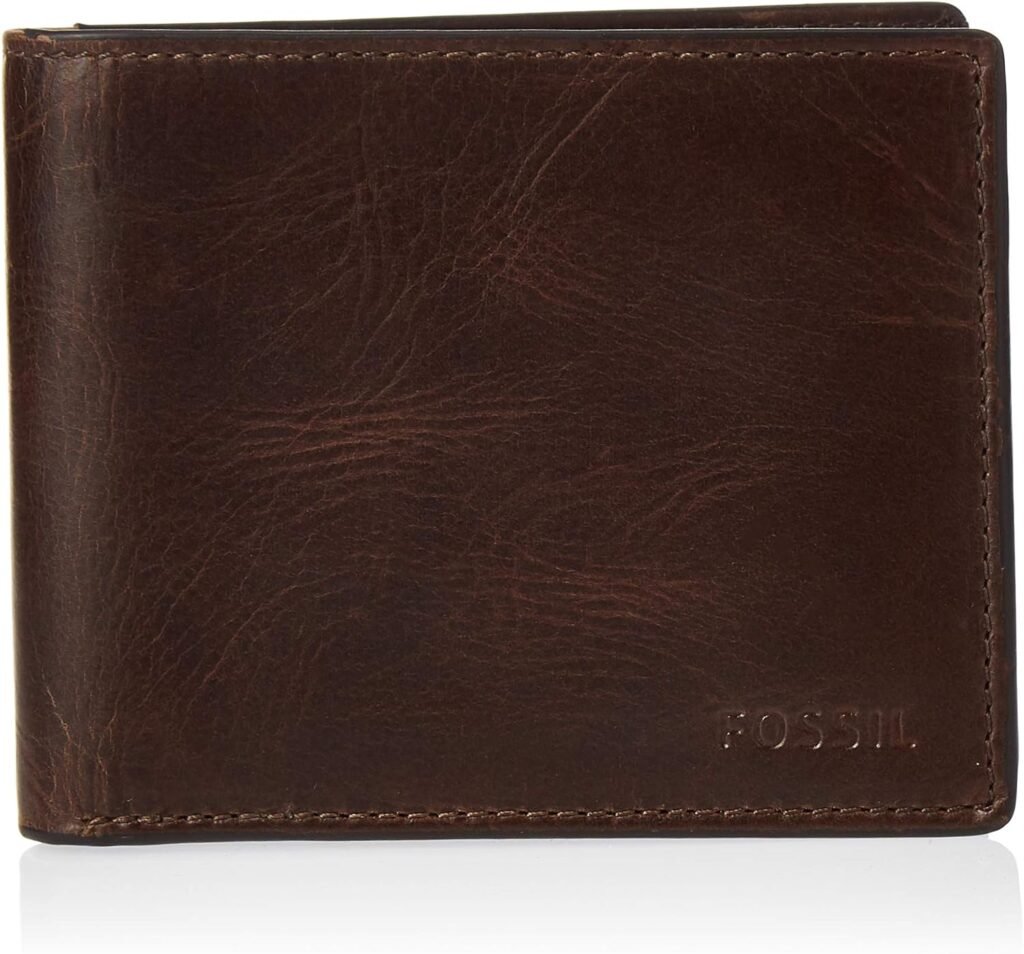 Fossil Mens Derrick RFID-Blocking Leather Bifold Wallet with Flip ID Window for Men