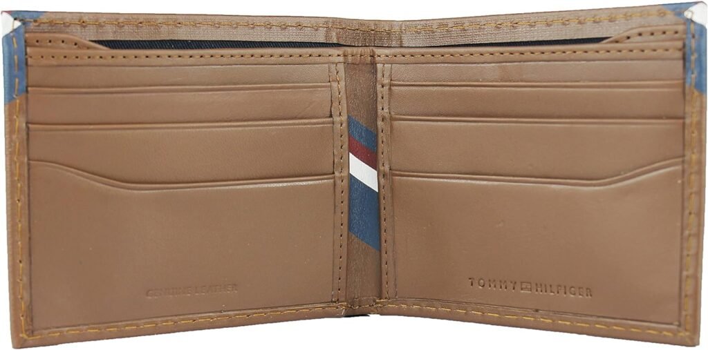 New Tommy Hilfiger Mens Leather Double Billfold Passcase Wallet  Valet (Honey Tan)
