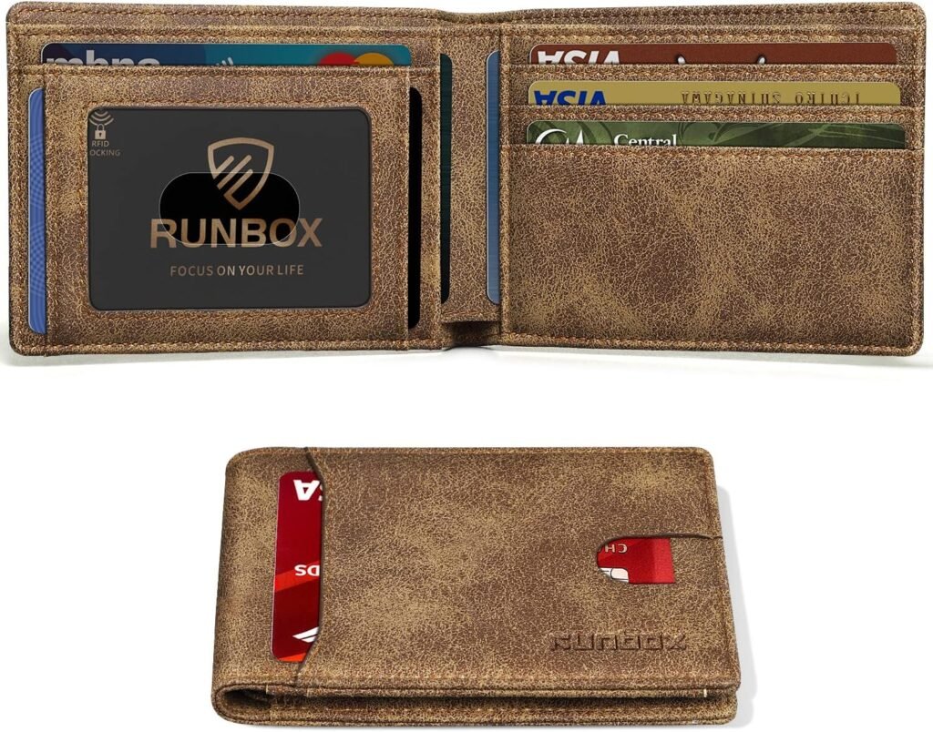 RUNBOX Wallet for Men Slim 11 Credit Card Holder Slots Leather RFID Blocking Small Thin Mens Wallet Bifold Minimalist Front Pocket Large Capacity Gift Box