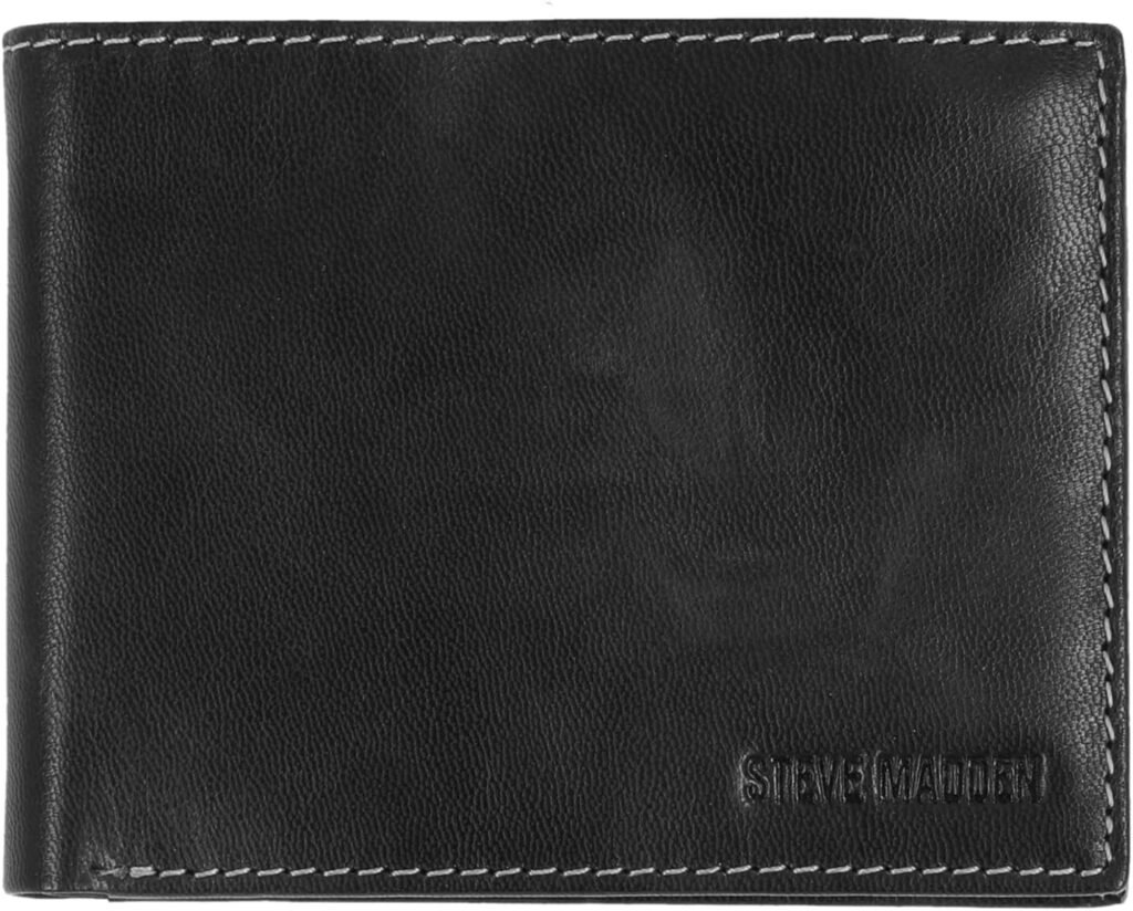 Steve Madden Mens Leather RFID Wallet Extra Capacity Attached Flip Pocket