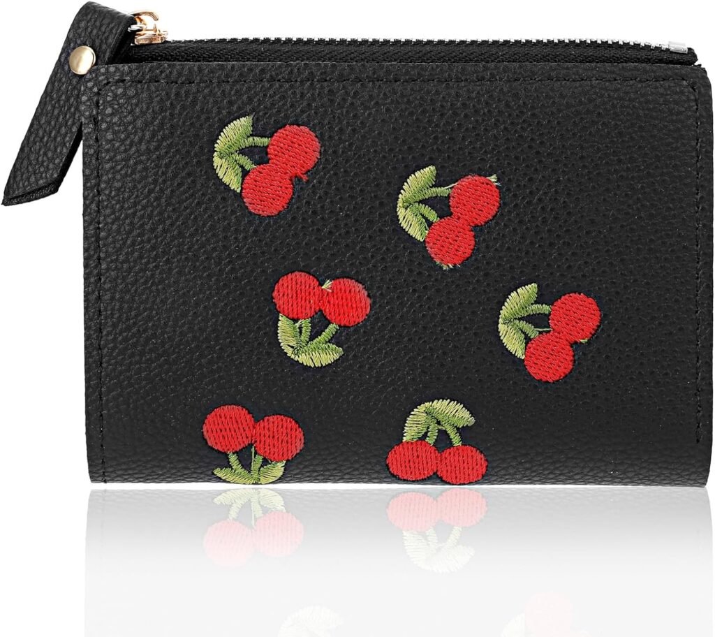 TIESOME Womens Wallets, Short Cherry Embroidery Trend Ladies Small Wallets, Cute Small Wallets for Girls Leather Zipper Wallets (black)