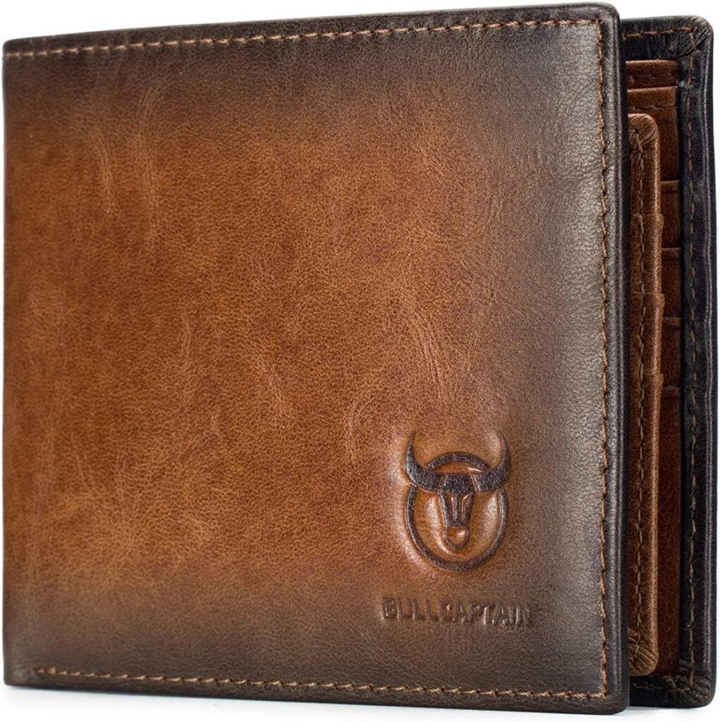 BULLCAPTAIN RFID Wallets for Men Slim Bifold Genuine Leather Front Pocket Wallet with 2 ID Windows QB-05 (Brown)