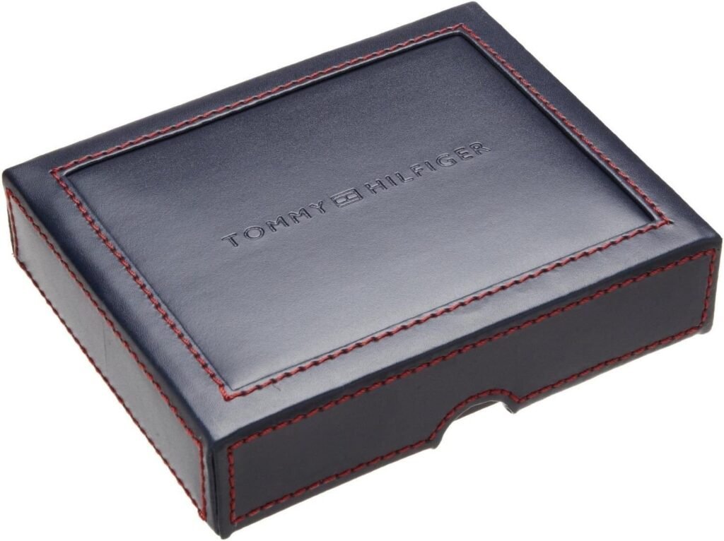 New Tommy Hilfiger Mens Leather Double Billfold Passcase Wallet  Valet (Blue/Grey)