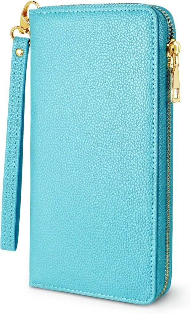 Blue Woman Wallet Credit Card Holder Money Pockets Big Wristlet Wallet Case Coin Money Clip Organizer Purse with RFID Blocking Large Capacity with Zipper (light blue)