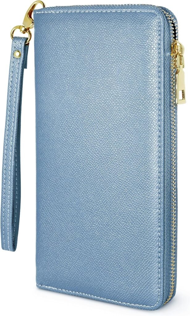 Blue Woman Wallet Credit Card Holder Money Pockets Big Wristlet Wallet Case Coin Money Clip Organizer Purse with RFID Blocking Large Capacity with Zipper (light blue)