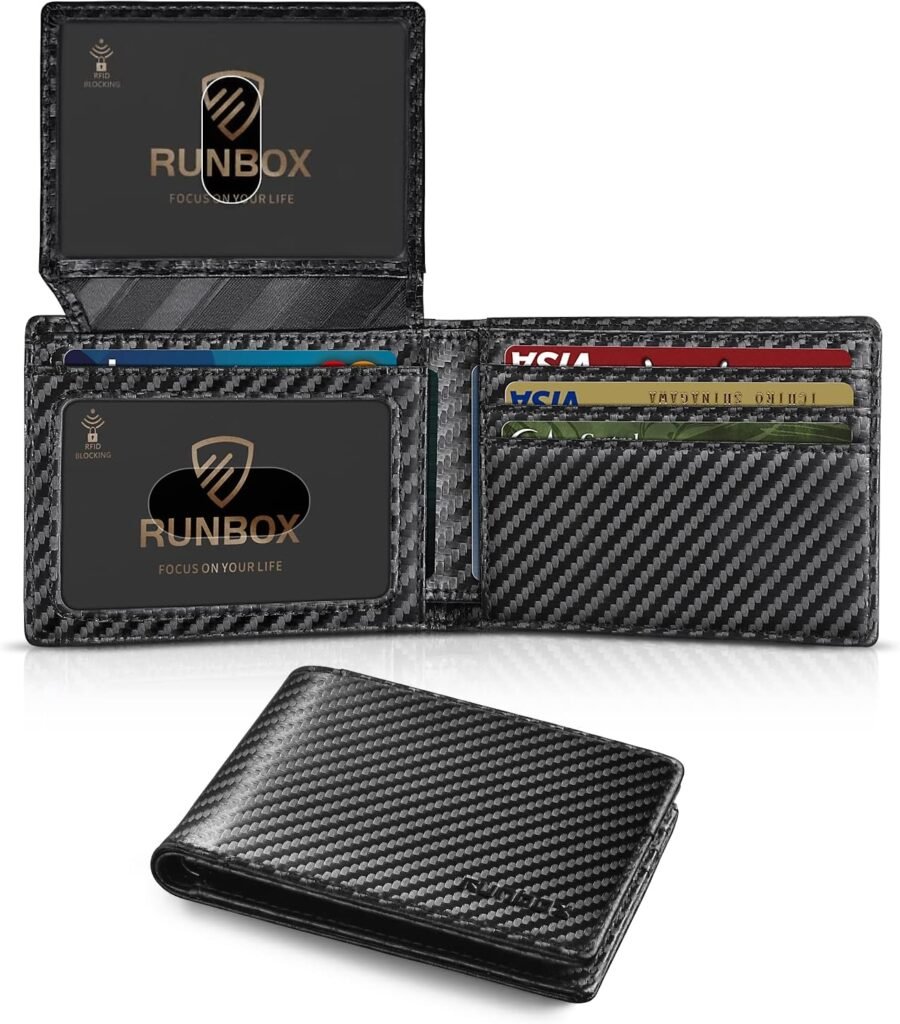 RUNBOX Gift for Mens Dad Leather Bifold RFID Blocking Wallet Slots with 2 ID Windows