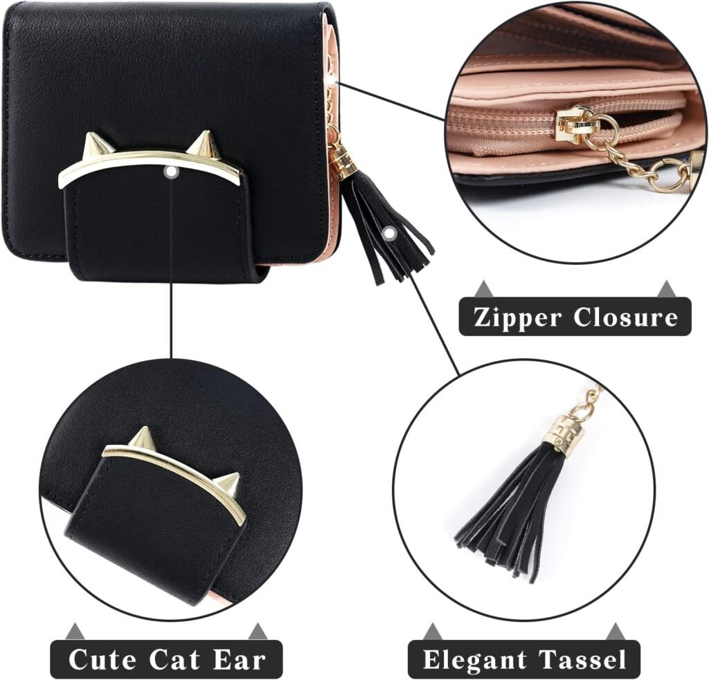 Small Wallet for Women Gothic Wallet Cat Coin Purse with Card Holder Card Case Money Clip Gifts for Cat Lovers Black