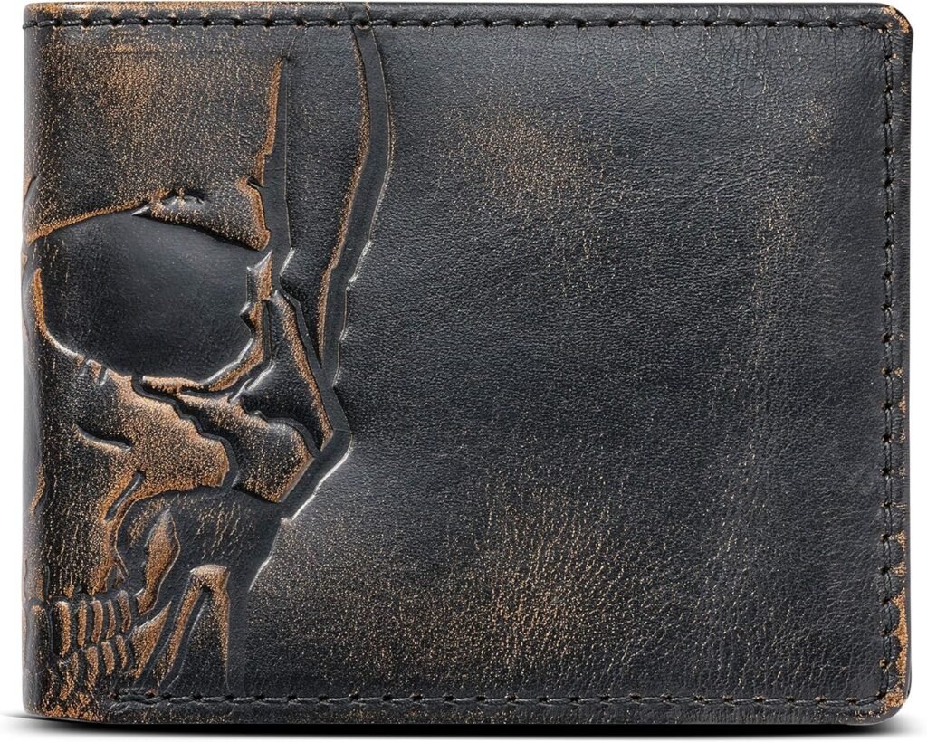 HoJ Co. SKULL Bifold Wallet for Men | Extra Capacity Two ID Windows | Full Grain Leather Wallet With Hand Burnished Finish | Multi Card Capacity | Skull Mens Wallet