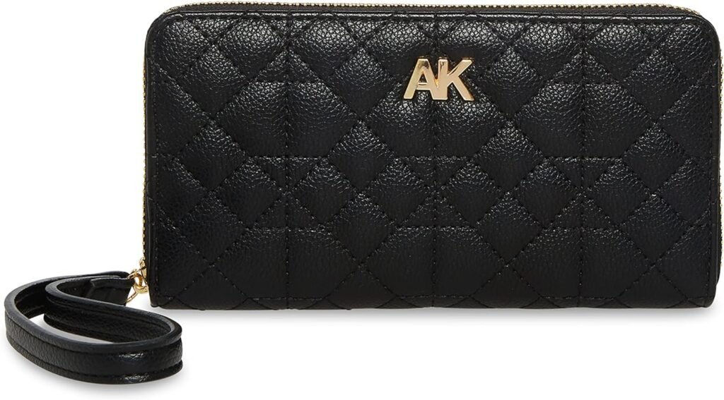 Anne Klein Womens Ak Quilted Ak Zip Around Wallet top handle satchel, Black, One Size US