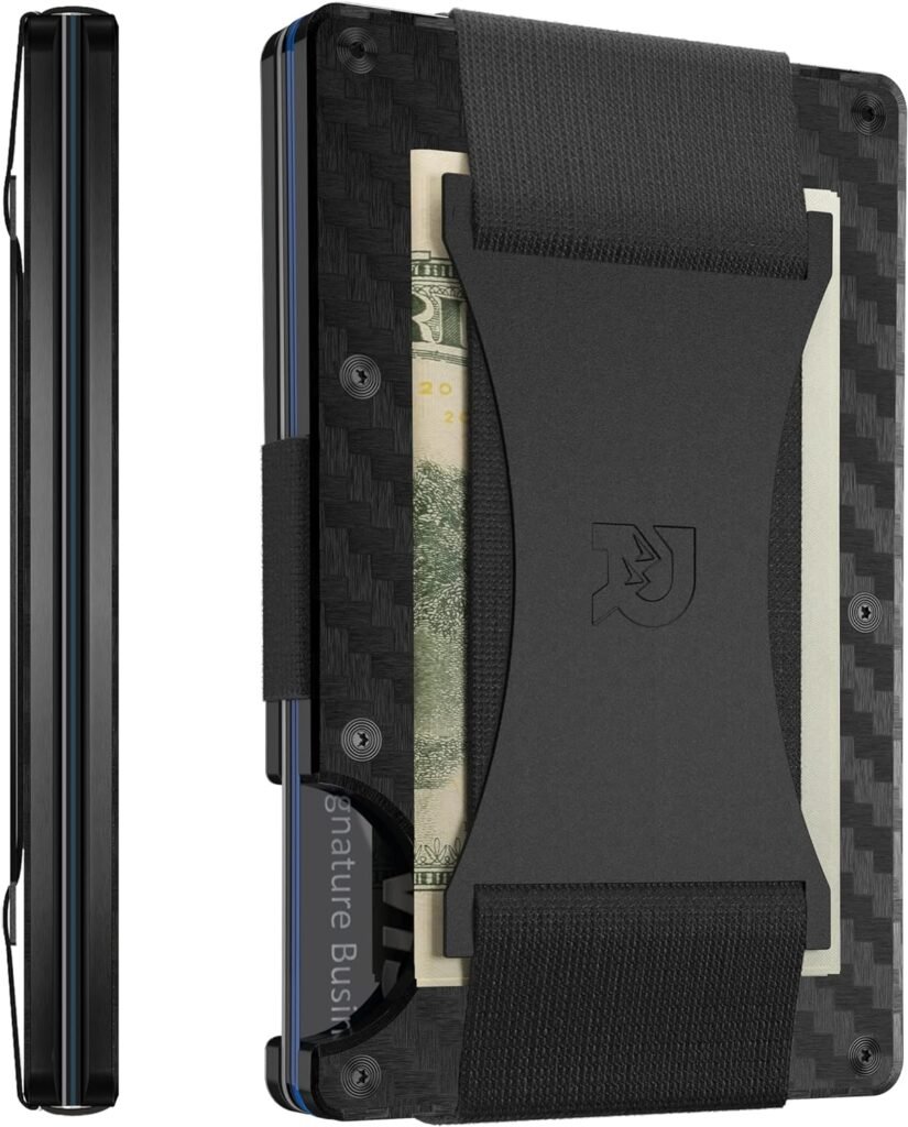 The Ridge Minimalist Slim Wallet For Men - RFID Blocking Front Pocket Credit Card Holder - Aluminum Metal Small Mens Wallets with Cash Strap (Carbon Fiber)