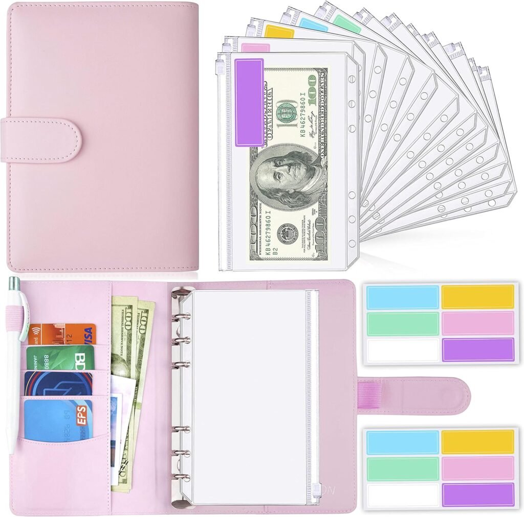 A6 Binder and 12 Clear Envelopes, Budget Binder and Cash Envelopes for Budgeting, Mini Binder Pockets Cash Envelope Wallet, Small Binder Budget Planner Cash Envelope Binder with Budget Envelopes Pink