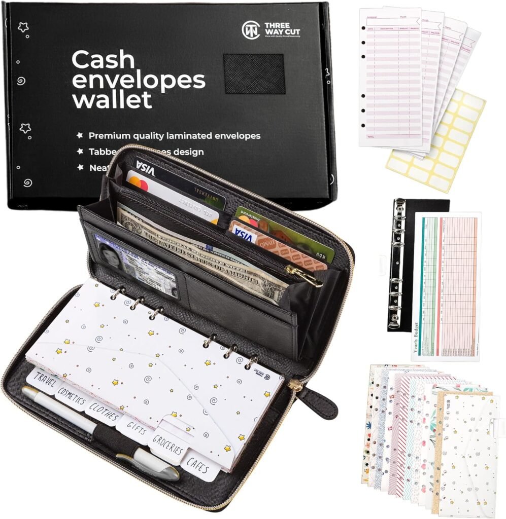 Cash Envelope Wallet All in One Budget System with 12x Tabbed Cash Envelopes, 12x Monthly Budget Cards,1x Yearly budget planner sheet Complete Money Organizer Set for Cash RFID Blocking