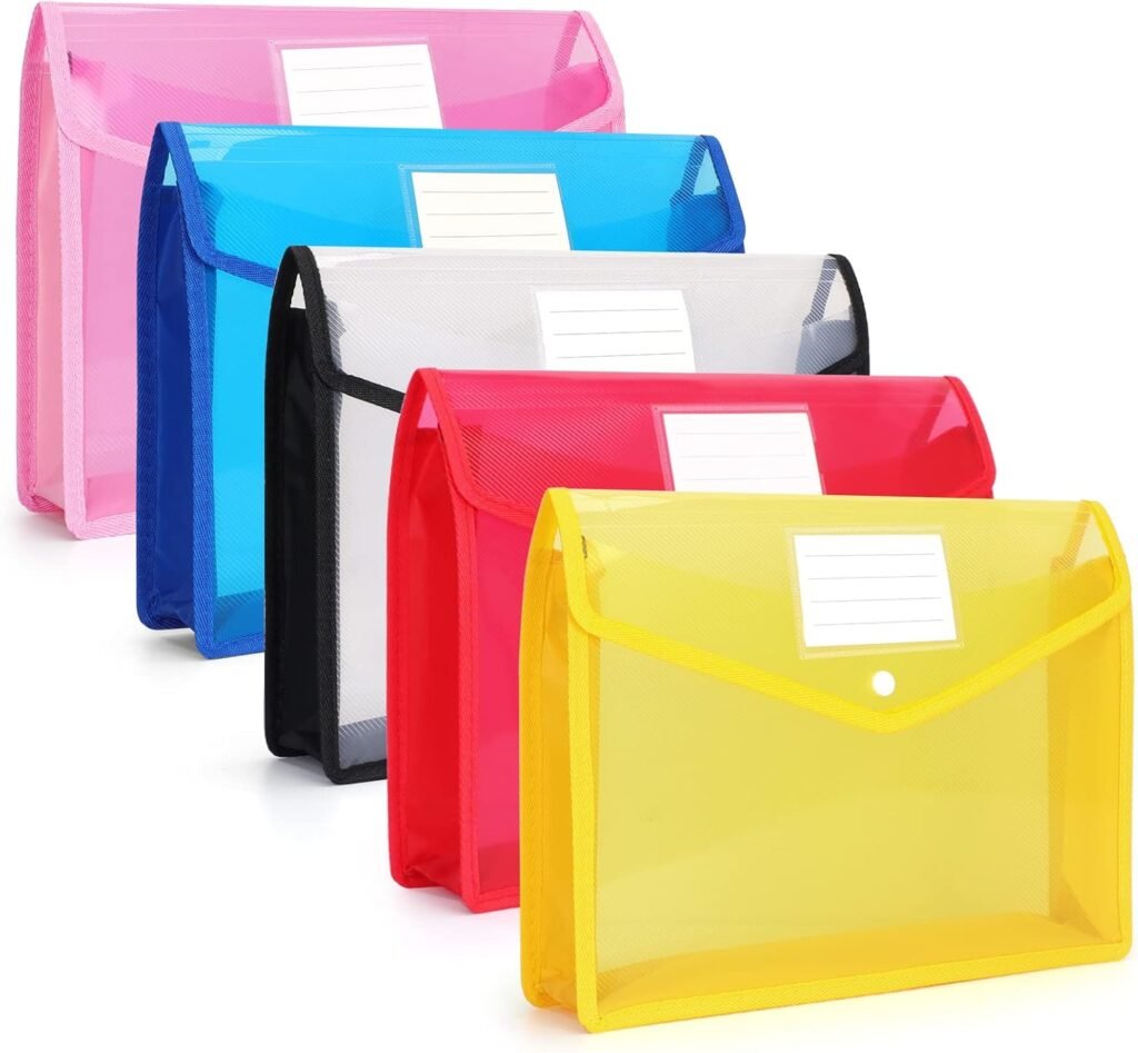 FYY A4 Plastic File Folders, A4 Envelope Expanding File Wallet Document Organizer with Snap Closure  Label Pocket, A4 Waterproof File Pouch for School Office Work Home Organization(5 Pack -5 Colors)