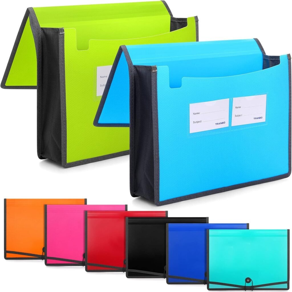 Teling 8 Pack Plastic Expanding File Folder Document Organizer with Elastic Cord and Button Closure A4 Letter Size 3.5 Expansion Expandable File Folder Wallet for School Office Home Organization